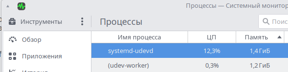
Скриншот из системного монитора

systemd-udevd выжирает 12,3% CPU и 1,4 гигабайта памяти