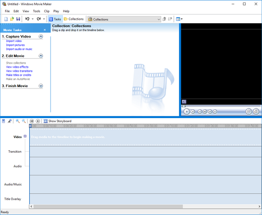 Скриншот программы Windows Movie Maker из Windows XP, запущенной в Windows 10 (источник - archive.org). Сверху слева - область для клипов, сверху справа - предпросмотр, снизу - таймлайн. Проект пустой, ничего нет.