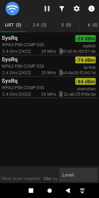 Скриншот приложения Wi-Fi Scanner, которое показывает в виде списка три точки SysRq с сигналом -24, -74 и -84 dBm соответственно. Идентификация вендора по MAC-адресу: realtek, tp-link, shenzhen.